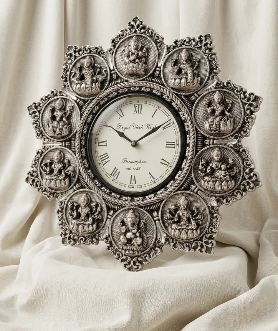Ashtalakshmi wall clock in hand-chased silver, with nine deity medallions set around a Roman dial